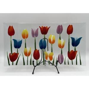 William McGrath Tulip Garden Flowers Fused Art Glass 15x8 Rectangle Plate Tray